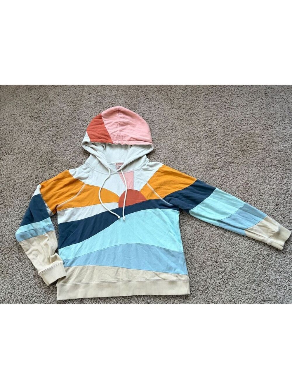 Faherty Soleil Hoodie featuring a pieced geometric sun, sea, and sand design L